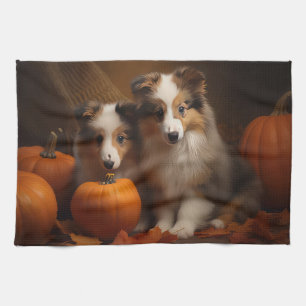Shetland Sheepdog Welpe Herbstfreude Kürbis Geschirrtuch