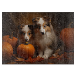 Shetland Sheepdog Welpe Herbstfreude Kürbis Schneidebrett
