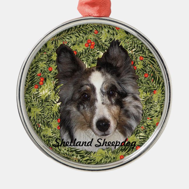 Shetland Sheepdog Wreath Ornament Aus Metall (Vorne)