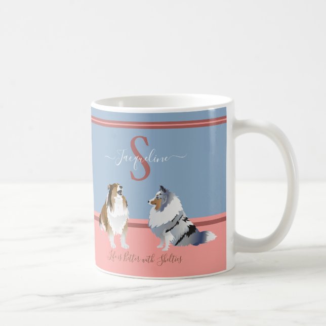 Shetland Sheepdogs, Shelties, auf Blue & Pink Kaffeetasse (Rechts)