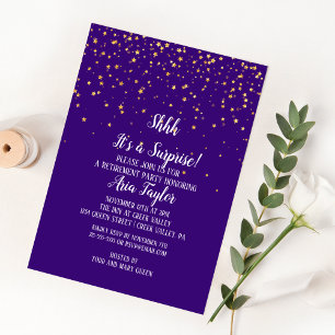 Shhh ist eine Überraschung Gold Confetti auf Lila  Einladung