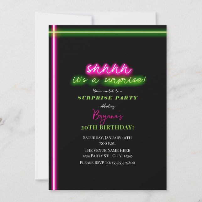 Shhhh ist ein überraschendes Party, Neon Pink Gree Einladung (Vorderseite)