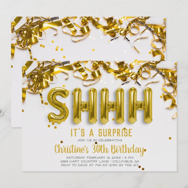 Shhhh Überraschung Party Einladung | Goldballons (Vorne/Hinten)