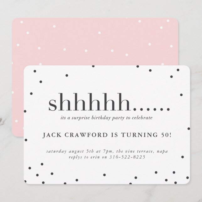 Shhhhh, Überraschungsgeburtstags-Party Einladung (Vorne/Hinten)