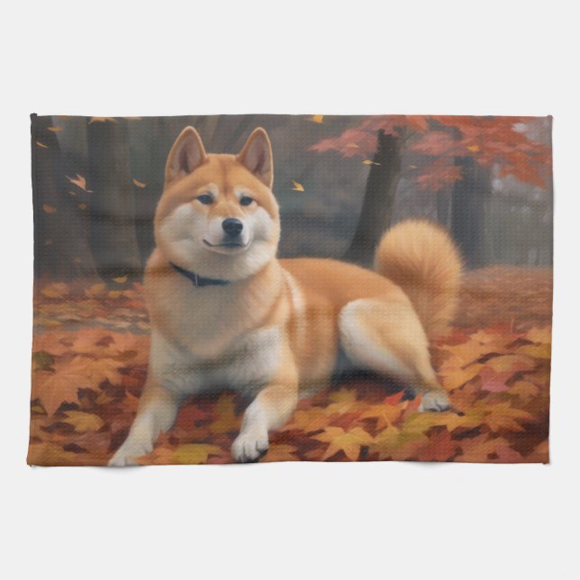 Shib Inu im Herbst Leaves Fall Inspiriert Geschirrtuch (Horizontal)