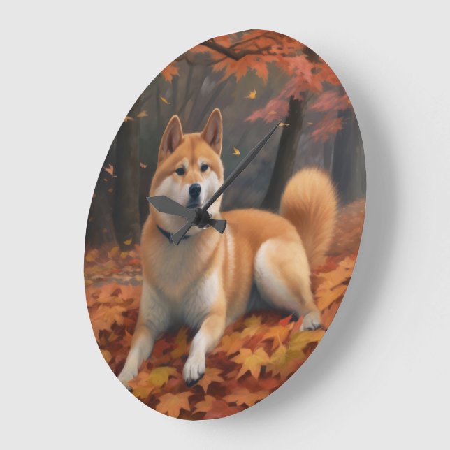 Shib Inu im Herbst Leaves Fall Inspiriert Große Wanduhr (Winkel)
