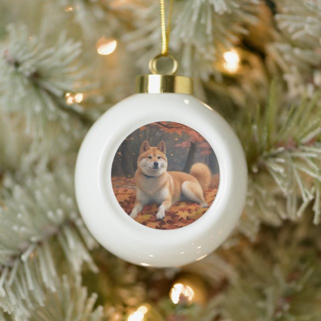 Shib Inu im Herbst Leaves Fall Inspiriert Keramik Kugel-Ornament (Baum)