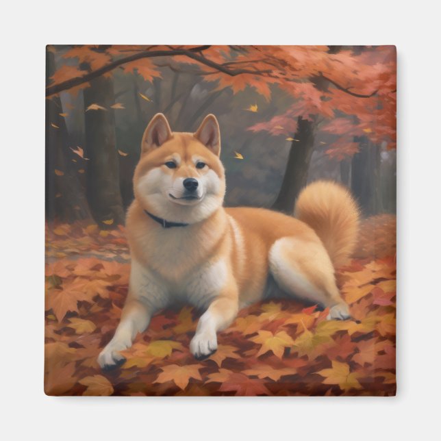 Shib Inu im Herbst Leaves Fall Inspiriert Magnet (Vorne)