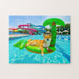 Shiba Inu auf Palmwedel-Schwimmhilfe