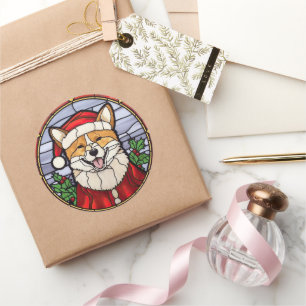 Shiba Inu Buntglas Weihnachten Runder Aufkleber