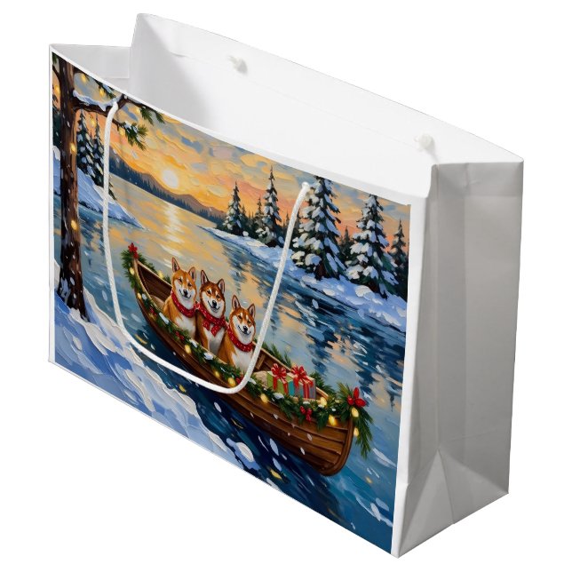 Shiba Inu Christmas Boat Holiday Große Geschenktüte (Vorderseite Schrägansicht)