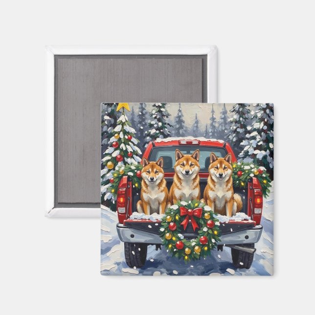 Shiba Inu Christmas Red Truck Holiday Magnet (Vorderseite/Rückseite)