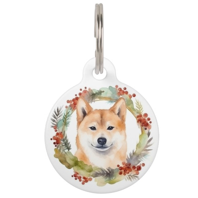 Shiba Inu Christmas Wreath Festivals Haustiermarke (Vorderseite)
