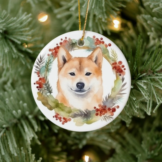 Shiba Inu Christmas Wreath Festivals Keramik Ornament (Baum)