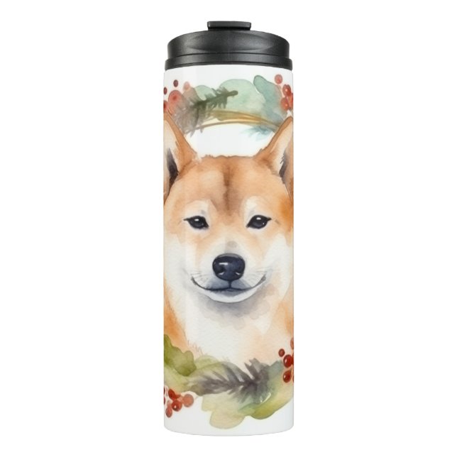 Shiba Inu Christmas Wreath Festivals Thermosbecher (Vorderseite)