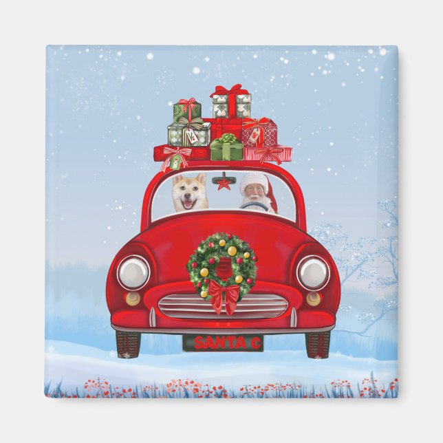 Shiba Inu Dog In Car With Santa Claus Magnet (Vorne)