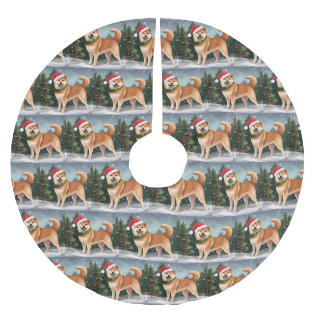 Shiba Inu Dog in Schnee Weihnachten Polyester Weihnachtsbaumdecke (Vorderseite)