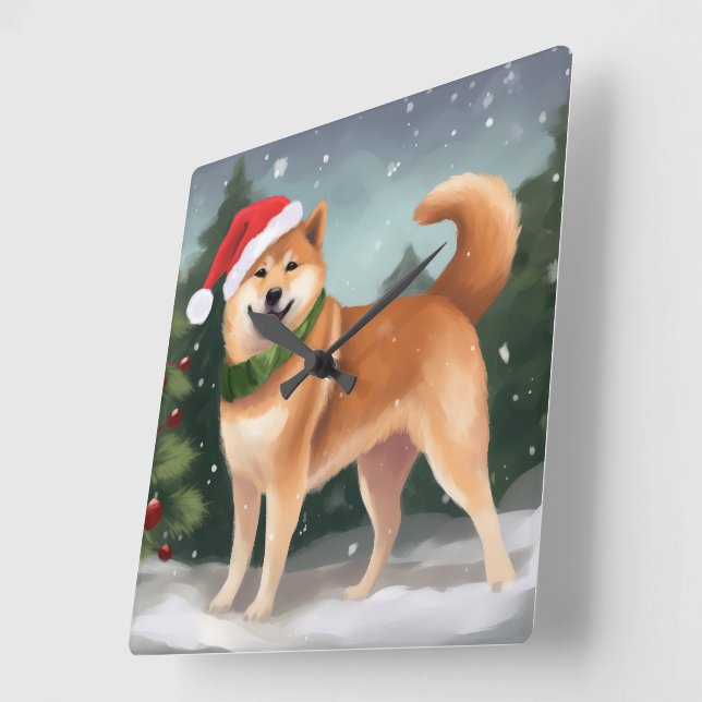 Shiba Inu Dog in Schnee Weihnachten Quadratische Wanduhr (Winkel)