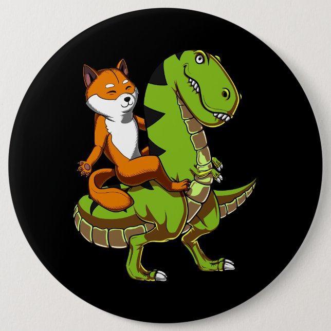Shiba Inu Dog Riding T-Rex Dinosaur Button (Vorderseite)