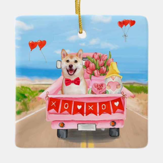 Shiba Inu Dog Valentine's Day Lkw Herz Keramikornament (Vorderseite)