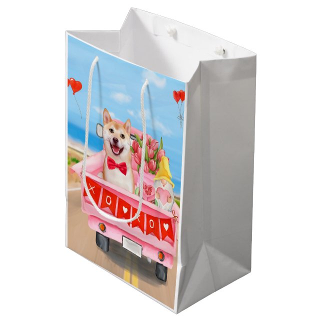 Shiba Inu Dog Valentine's Day Lkw Herz Mittlere Geschenktüte (Vorderseite Schrägansicht)