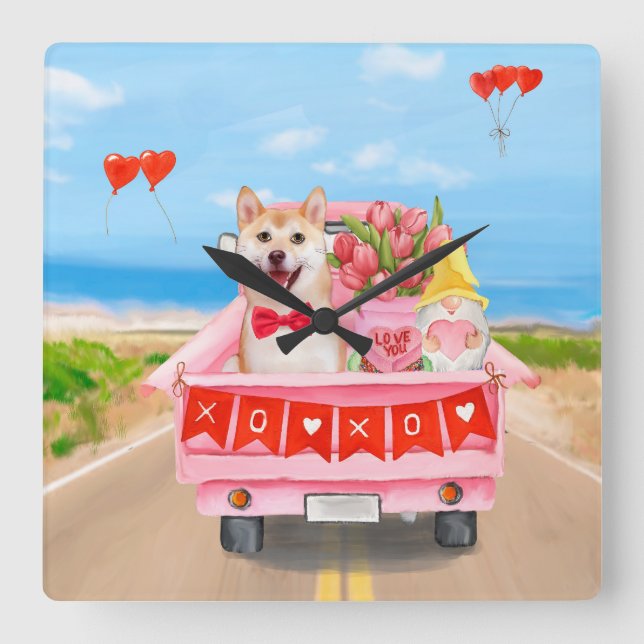 Shiba Inu Dog Valentine's Day Lkw Herz Quadratische Wanduhr (Vorderseite)