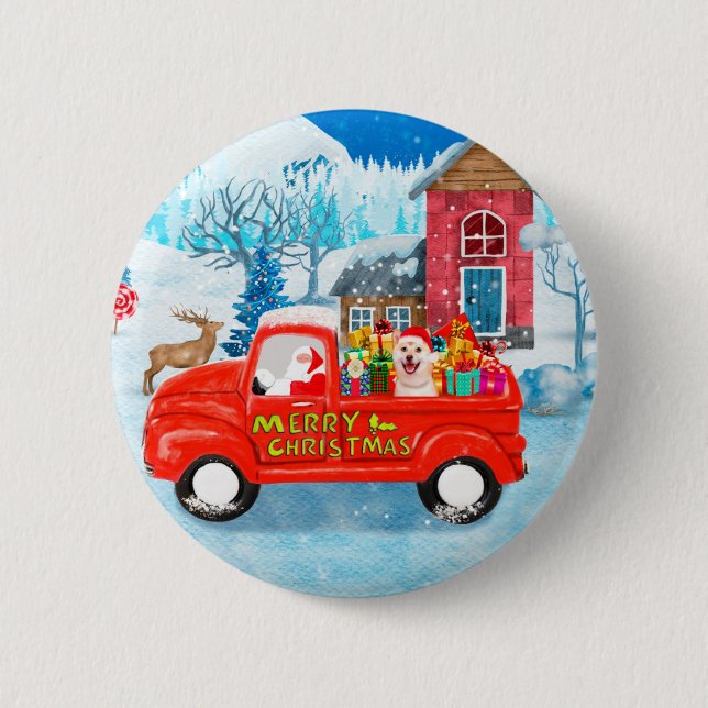 Shiba Inu Dog Weihnachtswagen Schnee Button (Vorderseite)