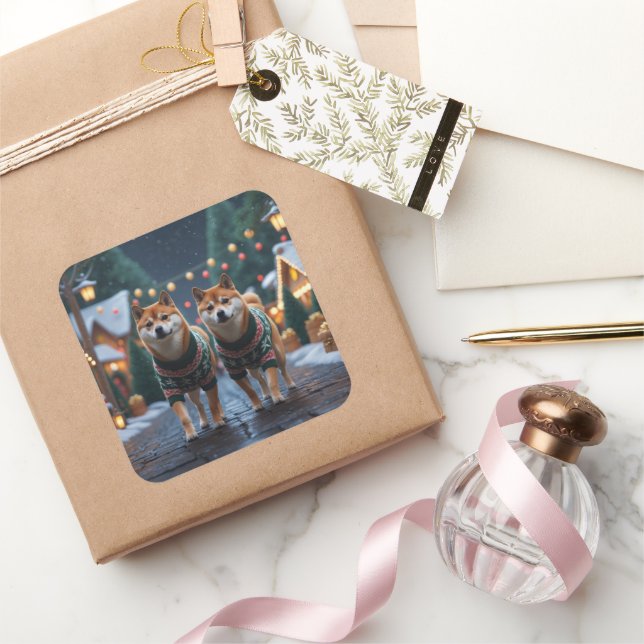 Shiba Inu Dogs Christmas Snow Holiday Quadratischer Aufkleber (Schenken)