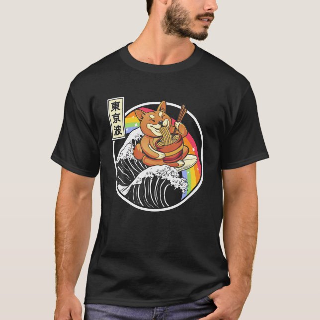 Shiba Inu Eating Ramen Surfing Kanagawa Wave Japan T-Shirt (Vorderseite)