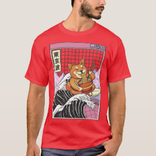 Shiba Inu Eating Ramen Surfing Kanagawa Wave Japan T-Shirt