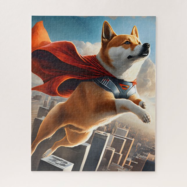 Shiba Inu Flying über der Stadt (Vertikal)
