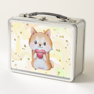 Shiba Inu hält ein Herz Metall Brotdose