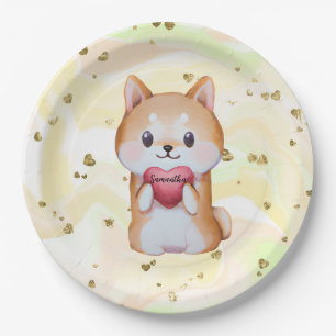 Shiba Inu hält ein Herz Pappteller