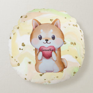 Shiba Inu hält ein Herz Rundes Kissen