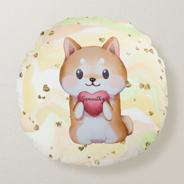 Shiba Inu hält ein Herz Rundes Kissen (Vorderseite)