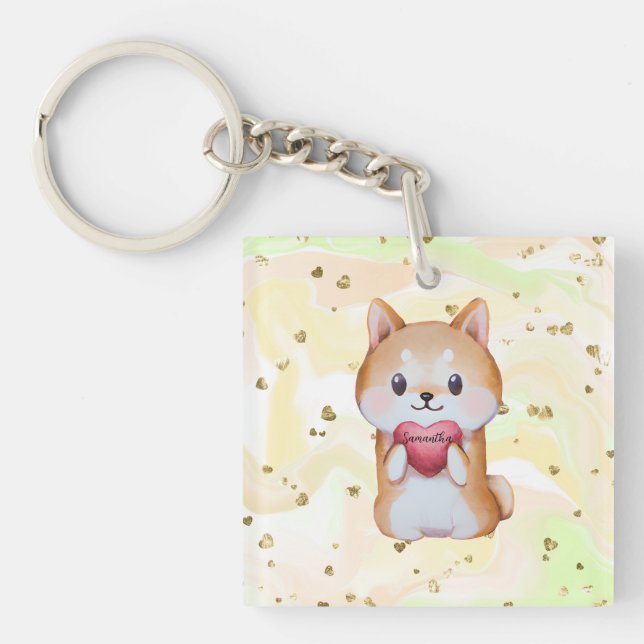 Shiba Inu hält ein Herz Schlüsselanhänger (Vorderseite)
