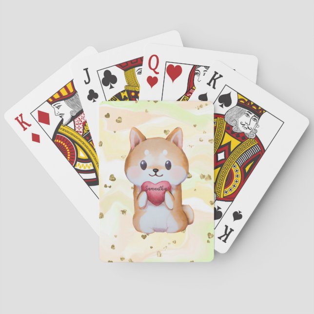 Shiba Inu hält ein Herz Spielkarten (Rückseite)