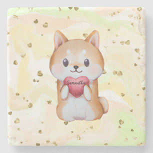 Shiba Inu hält ein Herz Steinuntersetzer