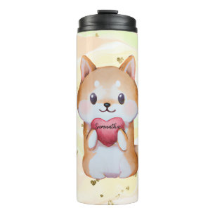 Shiba Inu hält ein Herz Thermosbecher