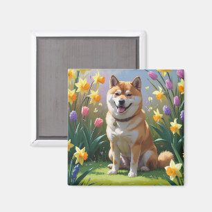 Shiba Inu Hund Frühlingsblumen Malerei Magnet