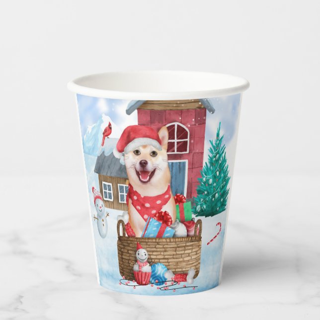 Shiba Inu Hund im Schnee Weihnachtshunde Haus Pappbecher (Vorderseite)
