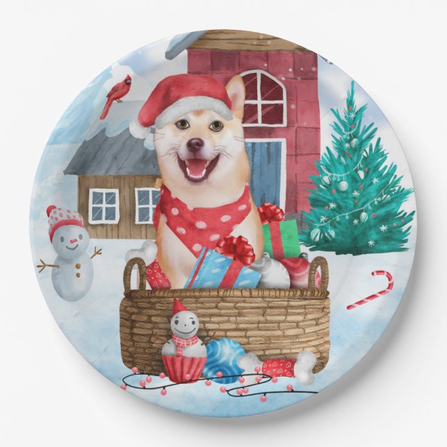 Shiba Inu Hund im Schnee Weihnachtshunde Haus Pappteller (Vorderseite)