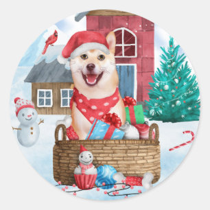 Shiba Inu Hund im Schnee Weihnachtshundhaus Runder Aufkleber