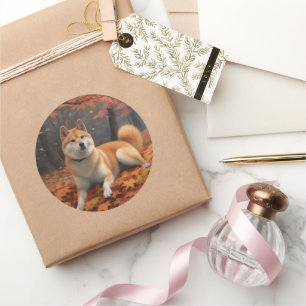 Shiba Inu im Herbst inspiriert durch fallende Blät Runder Aufkleber