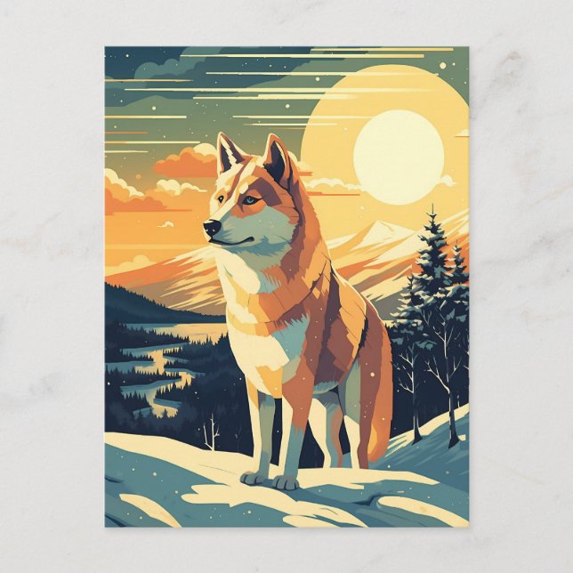 Shiba Inu im schneebedeckten Gebirge bei Sonnenunt Postkarte (Vorderseite)