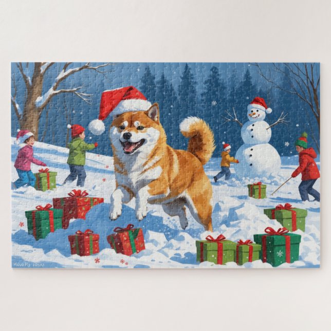 Shiba Inu läuft im Schnee mit Weihnachtsmütze (Horizontal)