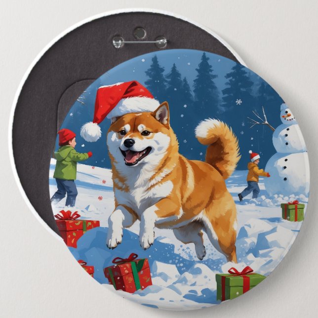 Shiba Inu läuft im Schnee mit Weihnachtsmütze Button (Vorne & Hinten)