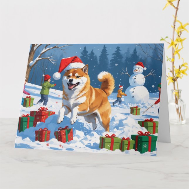 Shiba Inu läuft im Schnee mit Weihnachtsmütze Karte (Gelbe Blume)