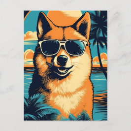 Shiba Inu mit Sonnenbrille am Strand Postkarte