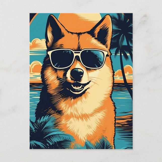 Shiba Inu mit Sonnenbrille am Strand Postkarte (Vorderseite)